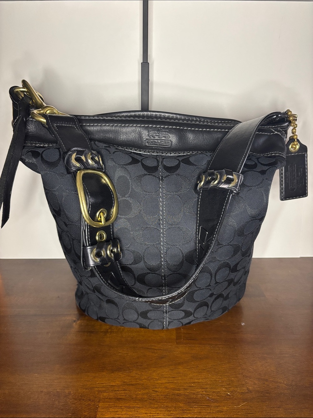 Coach Y2K Bleecker Signature Black Canvas Leather Bucket Hobo Bag